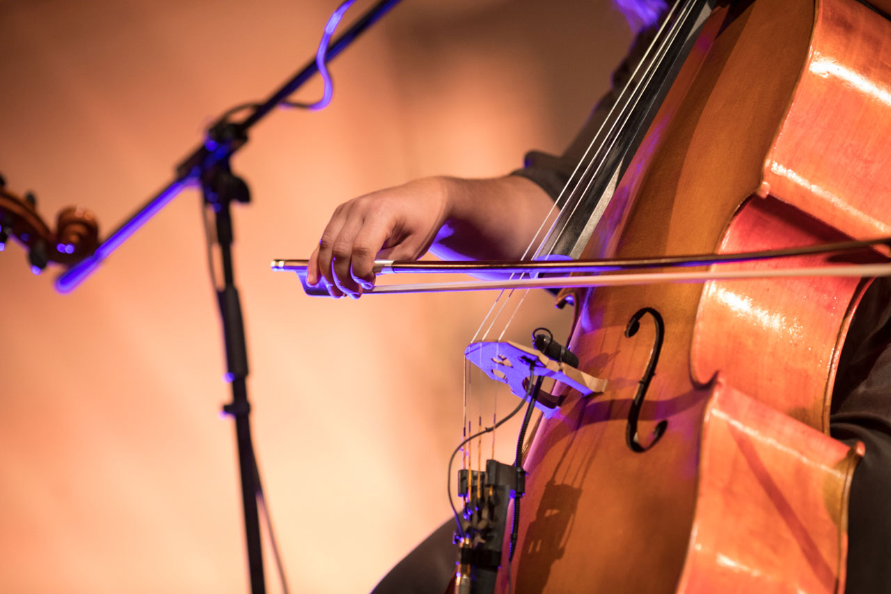 Dettaglio di violoncello e dell'archetto della musicista